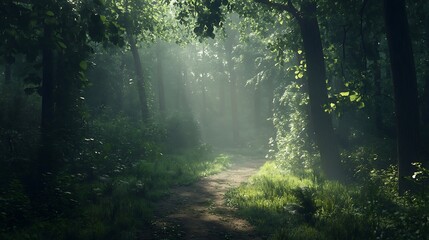 Obraz premium A picturesque path winding through trees, kissed by sunlight image