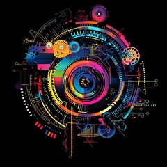 Obraz premium Abstract colorful futuristic design with digital elements on a black background.