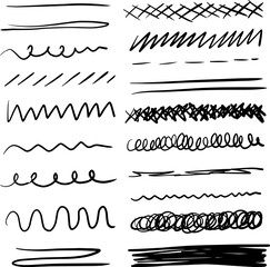 Set of artistic pen brushes. Hand drawn grunge strokes. Doodle lines, various dividers for web sites. Vector illustration