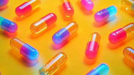 Capsules glowing with iridescent hues, suspended above a matte red surface, soft neon reflections creating a dreamy, surreal futuristic landscape
