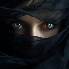 Naklejka premium Beautiful Witch Eyes with Flowing Black Fabric in Motion