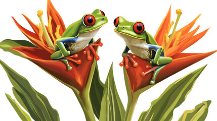 two red-eyed tree frogs sitting on a heliconia flower isolated on white background, flat design,...