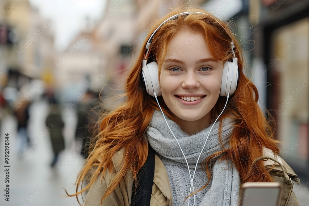 Wall mural smiling redhead young woman listening to music through wireless headphones walking with smart phone