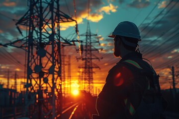 Naklejka premium Silhouette electrician work on high ground heavy industry. Construction of the extension of high voltage in high voltage stations and rig