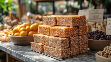 Jackfruit energy bar displayed polished marble countertop contemporary health food store product information highlighting their benefit fitness sustained energy blending nutrition modern retail