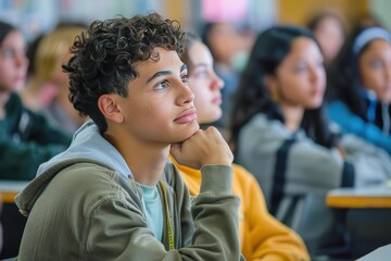 Fototapeta premium A boy is talking to another boy in a classroom, generative ai image