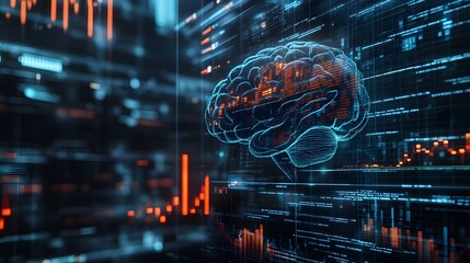 An artistic depiction of an AI brain interfaced with live stock market data streams, showcasing the integration of artificial intelligence with financial systems in a high-tech environment 
