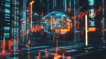 An artistic depiction of an AI brain interfaced with live stock market data streams, showcasing the integration of artificial intelligence with financial systems in a high-tech environment 