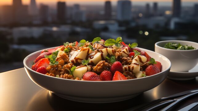 Jujube fruit salad spinach grilled chicken walnut served sleek ceramic bowl modern rooftop caf sunset city skyline softly blurred behind promoting balanced nutritious meal Scientific name Ziziphus