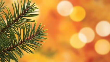 Green needle leaves, branches, bokeh lights, orange festive background.