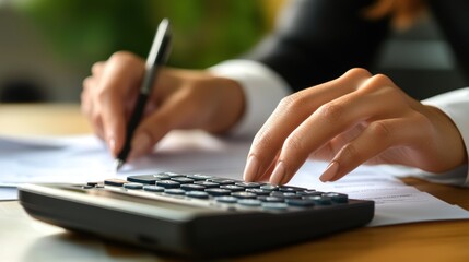 Businesswoman calculating financial data using calculator in office