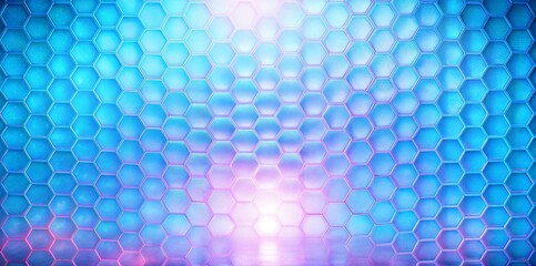 Luminous blue hexagon backdrop with central light convergence