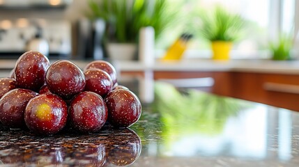 Jujube fruits spread across bright modern kitchen countertop a blurred background of colorful kitchen appliances and plants giving the fruit a contemporary homey feel Scientific name Ziziphus jujuba