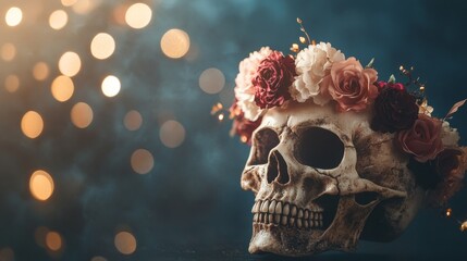 Fototapeta premium Skull with Flower Crown against Dark Bokeh Background.