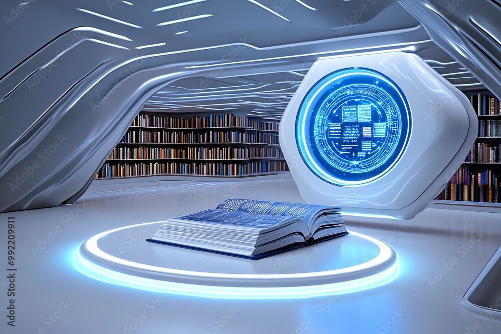 Poster a 3d model of a futuristic reading room, with sleek, floating books and a holographic interface for 
