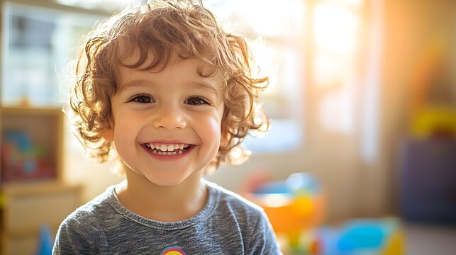 A happy child showing off a vibrant vaccination sticker in a cheerful pediatric clinic filled with toys, with sunlight streaming in through large windows