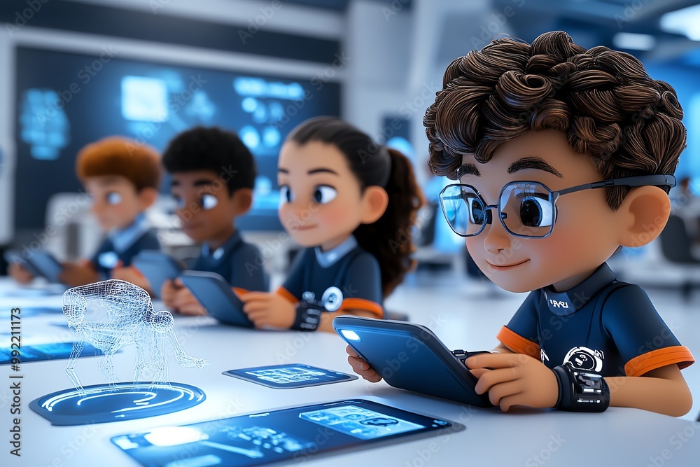 Aufkleber A 3D-animated group of students using futuristic tablets, where they can pull up interactive 3D models for a more immersive learning experience