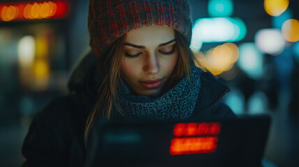 Obraz premium Woman in Winter Hat Looking at Phone at Night