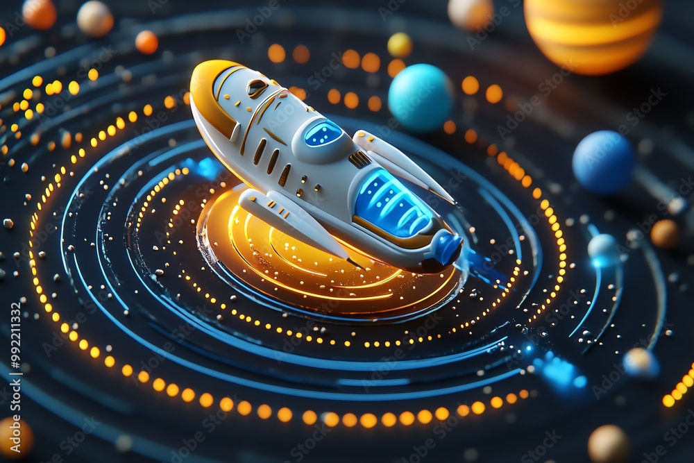 Aufkleber A 3D-animated tutorial on space exploration, where a student navigates a digital spaceship through the solar system, learning about planets and stars along the way