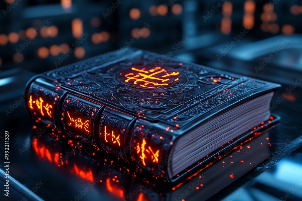Poster a 3d model of an ancient, mystical book, with glowing runes on the cover and pages that turn themsel