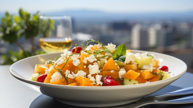 Langsat fruit salad feta chickpeas served bright rooftop restaurant terrace the city skyline softly blurred in the background promoting a fresh and nutritious meal Scientific name Lansium parasiticum