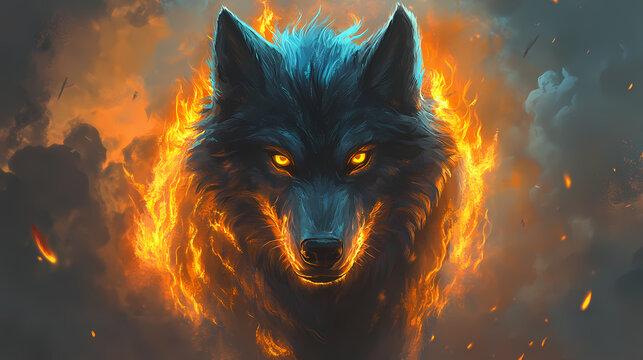 A majestic wolf fenrir with blue and orange flames for fur stands tall, staring at the viewer with its piercing yellow eyes. Fenrir. Illustration