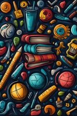 Obraz premium school supplies doodles, doodle illustration background with school items like books, pencils, rulers, and globes in vibrant colors for a study theme