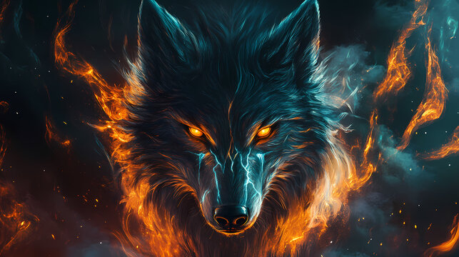 A majestic wolf fenrir with blue and orange flames for fur stands tall, staring at the viewer with its piercing yellow eyes. Fenrir. Illustration