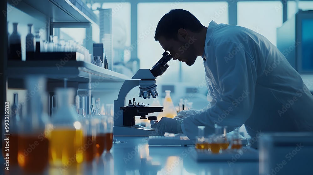 Poster scientist examining a sample through a microscope in a laboratory setting