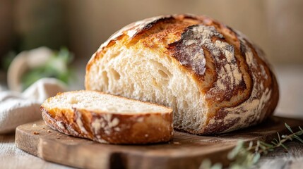 A close-up shot of a perfectly baked rustic loaf of artisan bread, showing its golden-brown crust and soft, airy interior, placed on a wooden cutting board.