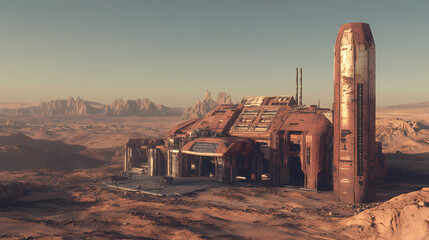 3d illustration of a sci-fi outpost on a desert planet with advanced futuristic architecture under a clear sky. Futuristic Wasteland. Illustration