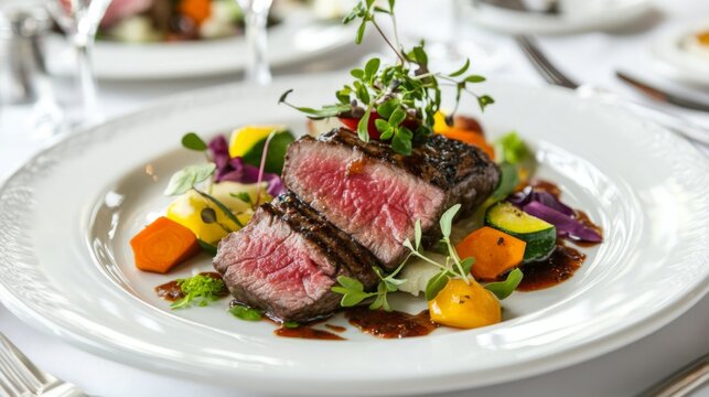 A gourmet dish featuring perfectly cooked rare steak, accompanied by vibrant, fresh vegetables and topped with delicate herbs, plated elegantly and appetizingly.