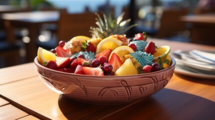 Langsat fruits displayed colorful ceramic plate beachside caf brightly colored umbrellas ocean waves softly blurred background highlighting fruits tropical charm Scientific name Lansium parasiticum