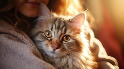 Portrait of a Fluffy Cat with Warm Light