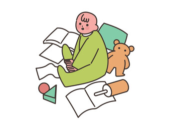 散らかった部屋で遊んでいる赤ちゃん