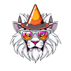 A cartoon lion wearing a cone hat and sunglasses