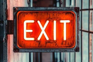 A vintage illuminated exit sign in orange neon, mounted on a wall with a worn, industrial look, creating a nostalgic and functional focus in the image.