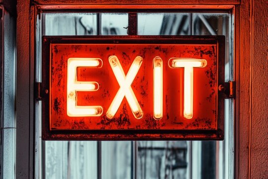 A glowing red exit sign with bold white lettering, encased in a weathered metallic frame. The image highlights the importance of emergency exits in buildings.
