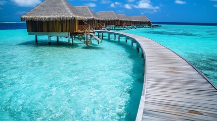 Wooden walkway leading to overwater bungalows in tropical lagoon with turquoise water