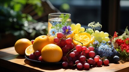 Langsat fruits scattered a bright pastel picnic table with a lush garden and colorful drinks blurred in the background creating a cheerful and inviting setting Scientific name Lansium parasiticum
