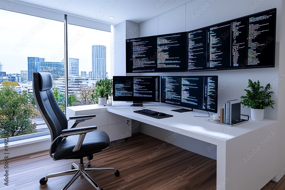 Poster a 3d-rendered home office, with a clean desk setup, digital screens floating above, and detailed tex