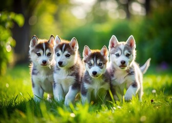 Fototapeta premium Adorable Short-Haired Husky Puppies Playing Together in a Lush Green Grass Environment Outdoors