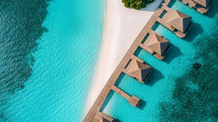 Aerial view of luxury overwater bungalows on a tropical island