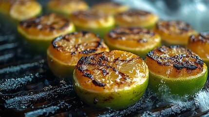 Limes being squeezed over fresh seafood a beachside grill with the ocean waves crashing in the background capturing the essence of tropical flavor and relaxation Scientific name Citrus aurantiifolia