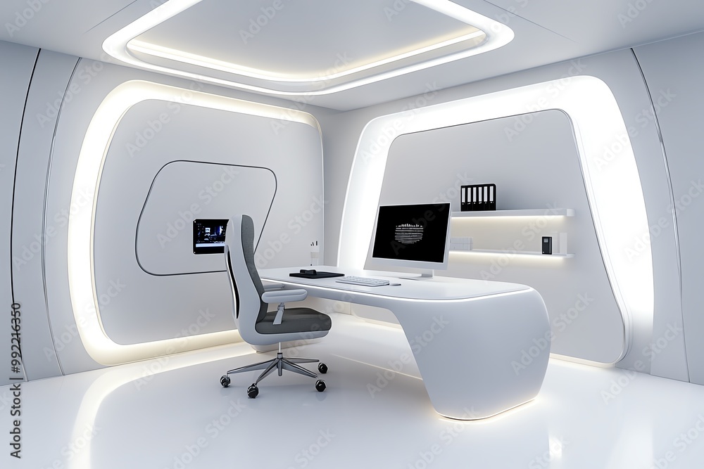 Aufkleber A 3D-rendered minimalist office space, featuring simple geometric shapes and a sleek desk setup, creating a futuristic but productive environment