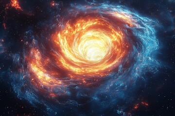 The vibrant image depicts a swirling galaxy with a bright core surrounded by flames of orange and blue hues, capturing the majestic beauty and vastness of the universe.