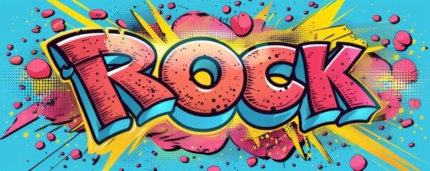 Playful pop art background with "ROCK" text. Bold graphics, Explosion theme, Vibrant vector