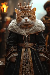 An image of a cat dressed in royal attire, complete with a fur-lined robe and an intricate crown, exuding elegance and majesty in an aristocratic setting.