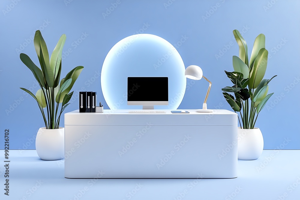 Aufkleber A 3D-rendered minimalist office space, featuring simple geometric shapes and a sleek desk setup, creating a futuristic but productive environment
