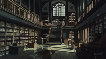 Old Gothic Library Interior with Wooden Bookshelves, Stairs, and Large Window